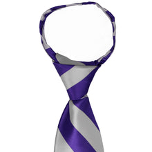Load image into Gallery viewer, The pre-tied knot on and dark purple and silver striped zipper tie