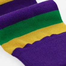 Load image into Gallery viewer, Men's Dark Purple, Gold and Kelly Green Striped Socks