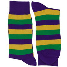 Load image into Gallery viewer, Men's Dark Purple, Gold and Kelly Green Striped Socks