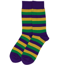 Load image into Gallery viewer, Men's Dark Purple, Gold and Kelly Green Striped Socks