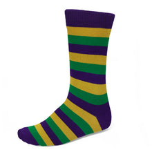 Load image into Gallery viewer, Men's Dark Purple, Gold and Kelly Green Striped Socks