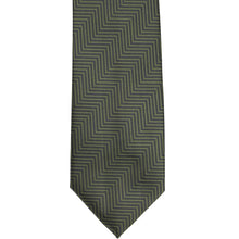 Load image into Gallery viewer, The front flat view of a dark sage necktie in a chevron pattern