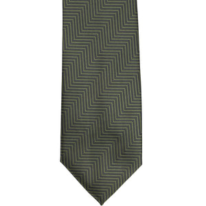 The front flat view of a dark sage necktie in a chevron pattern