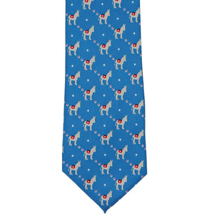 The front of a blue tie with a democrat donkey all over pattern