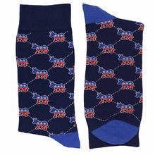Load image into Gallery viewer, Folded men’s navy crew socks with red and blue Democrat donkey pattern, cotton political socks for men