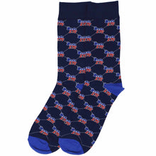 Load image into Gallery viewer, Pair of men’s navy crew socks with red and blue Democrat donkey pattern, cotton political socks