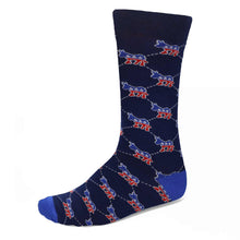 Load image into Gallery viewer, Men’s navy crew sock with red and blue Democrat donkey pattern, cotton political sock