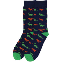 Load image into Gallery viewer, Pair of men’s navy crew socks with orange T-Rex and green brontosaurus dinosaur pattern, fun novelty cotton socks