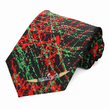 Load image into Gallery viewer, A black extra long tie with red and green doodles
