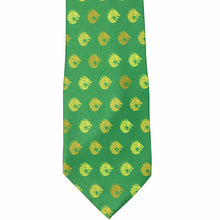 Load image into Gallery viewer, The front of a green tie with a gold and yellow dragon pattern