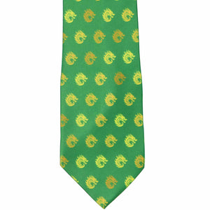 The front of a green tie with a gold and yellow dragon pattern