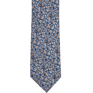 The front of a dusty blue and antique gold pattern tie