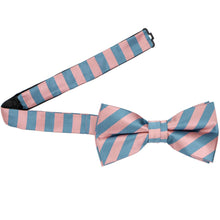 Load image into Gallery viewer, A dusty pink and blue striped bow tie with the band collar open