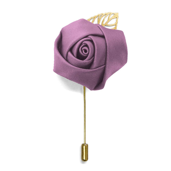 A dusty purple flower lapel pin puff with gold accents