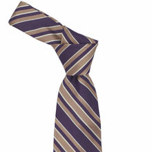 Load image into Gallery viewer, Knot on an eggplant purple and latte striped tie