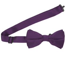 Load image into Gallery viewer, A pre-tied eggplant purple silk bow tie with the band open