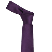 Load image into Gallery viewer, Knot on an eggplant purple silk slim tie