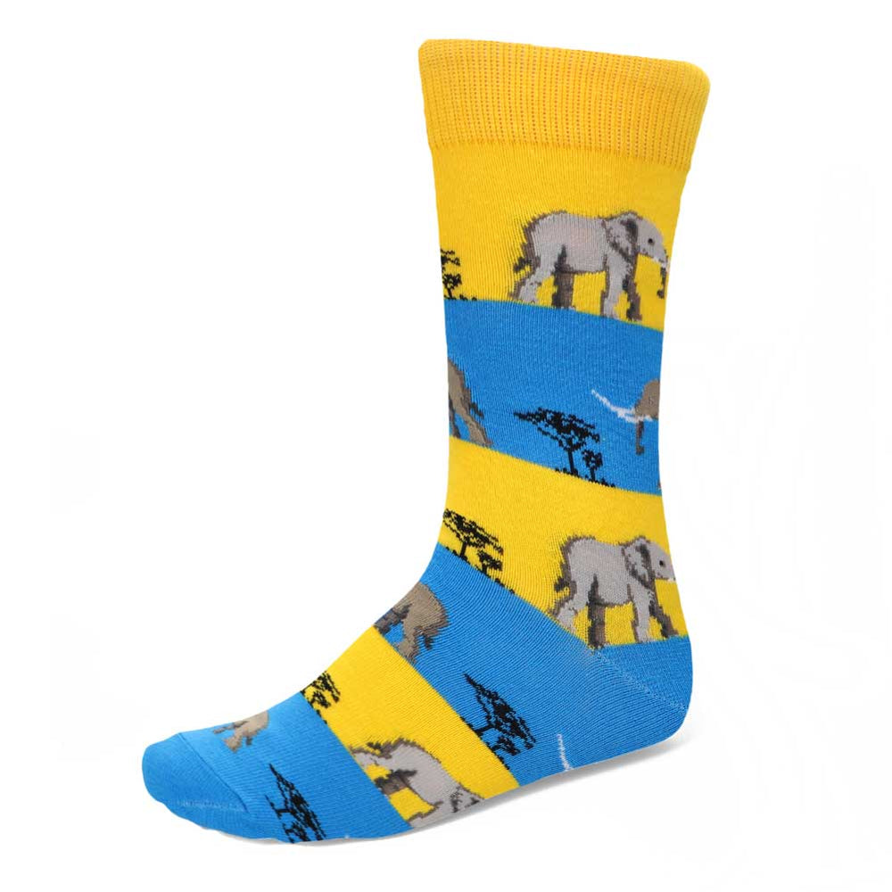 An elephant themed sock in blue and yellow