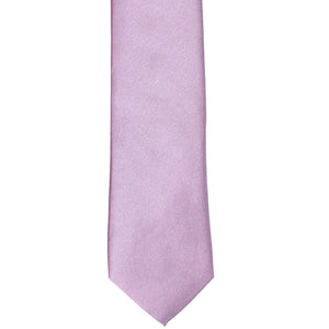 The front of an English lavender slim tie, laid flat