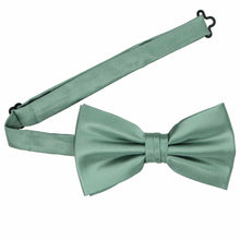 Load image into Gallery viewer, A large pre-tied eucalyptus bow tie with the band collar open