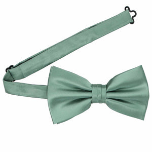 A large pre-tied eucalyptus bow tie with the band collar open