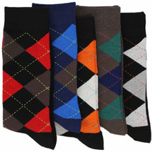 Load image into Gallery viewer, Five pairs of men&#39;s argyle socks in black, blue, orange, gray, and multicolor 