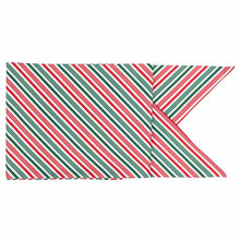 Load image into Gallery viewer, A folded festive holiday striped scarf with a diagonal striped pattern in red, green, and white, featuring a pointed triangular end.