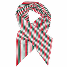 Load image into Gallery viewer, A holiday striped scarf with vertical red, green, and white stripes, styled in a loop on a plain white background.