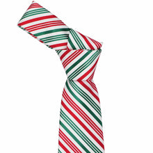 Load image into Gallery viewer, A necktie with a festive diagonal candy cane stripe pattern in red, green, and white, styled in a knot against a solid white background.