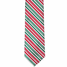 Load image into Gallery viewer, A necktie with a festive diagonal candy cane stripe pattern in red, green, and white, shown against a plain white background.