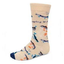 Load image into Gallery viewer, A tan men&#39;s sock with fish, hooks and pails