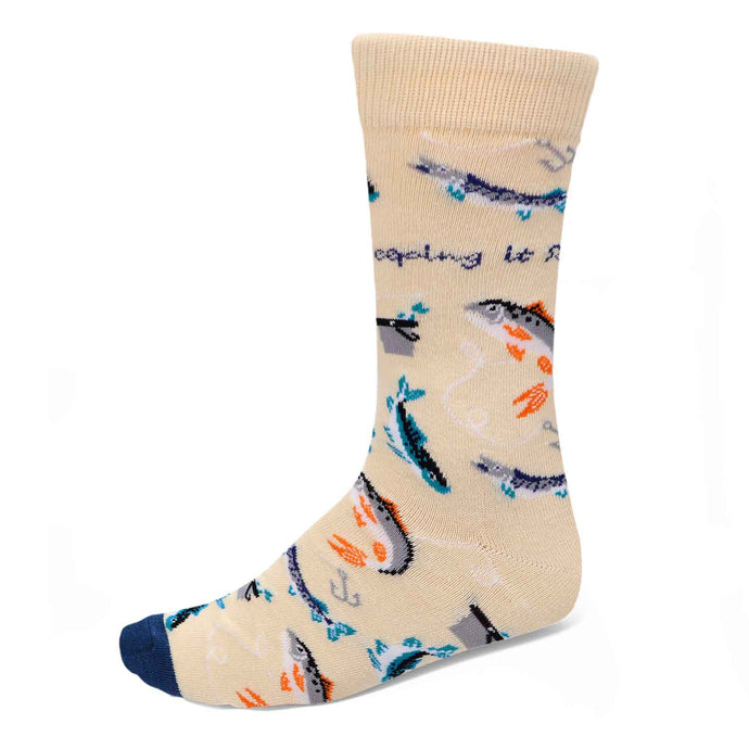 A tan men's sock with fish, hooks and pails