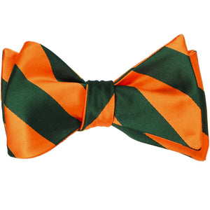 A Florida orange and dark green self-tie bow tie, tied
