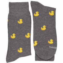 Load image into Gallery viewer, Gray socks with yellow duck pattern on a white background
