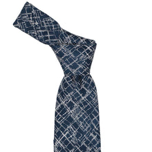 Load image into Gallery viewer, Blue crosshatch patterned tie, knotted, on a white background