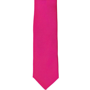 The front of a fuchsia skinny tie, laid flat