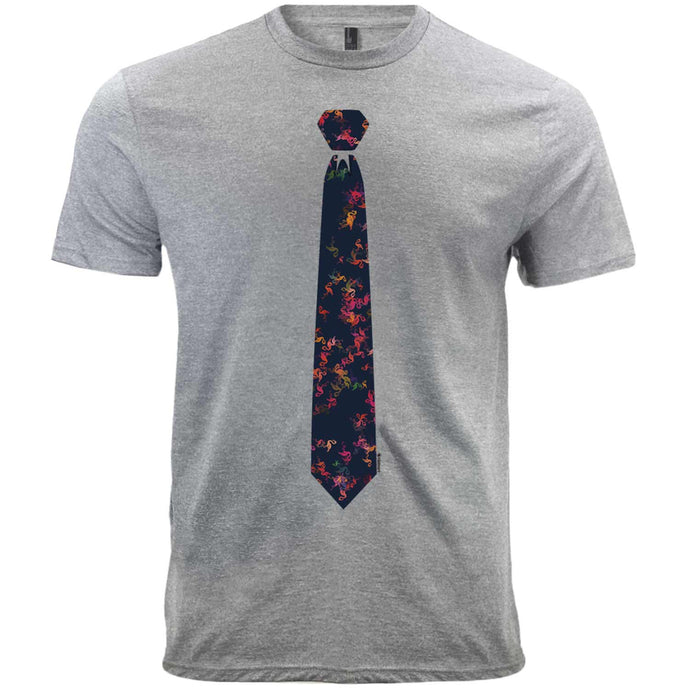 A light gray men's t-shirt with a printed dark gray flamingo necktie design