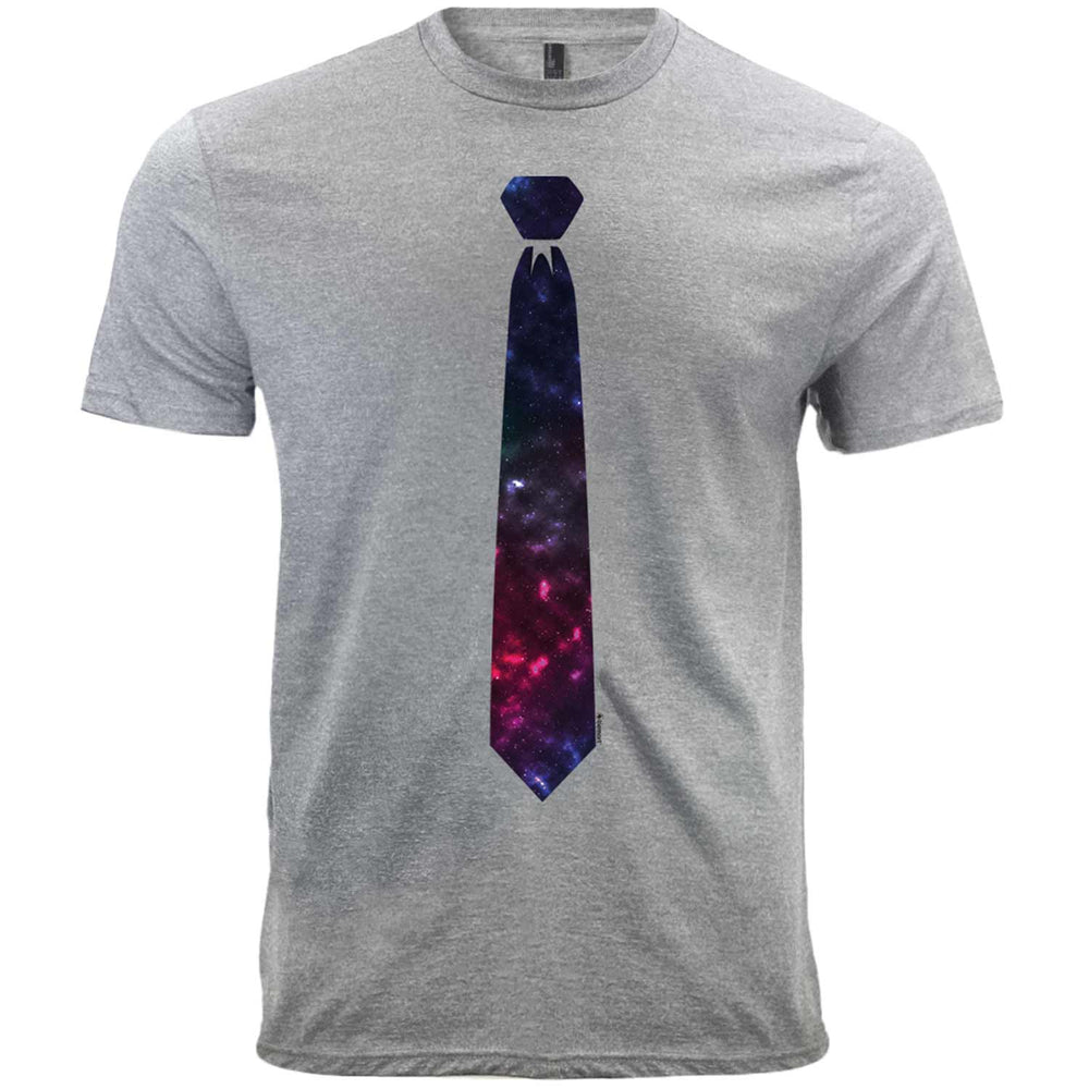 A galaxy necktie design on a light gray t-shirt