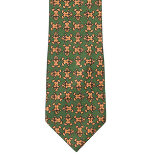 The front of a green tie with a repeated gingerbread man design