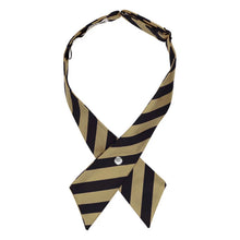 Load image into Gallery viewer, Golden champagne and black striped crossover tie snapped with ends pointing down