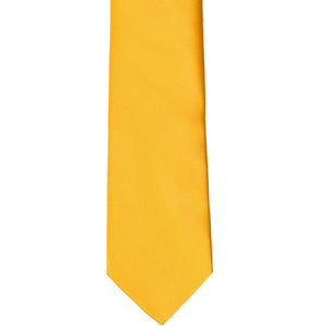The front of a golden yellow slim tie, laid out flat