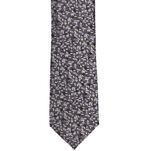 The front of a gray and purple grain pattern tie