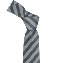Load image into Gallery viewer, Gray ribbed and satin striped tie, knotted