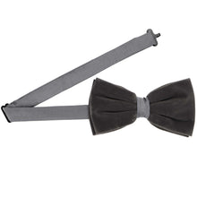 Load image into Gallery viewer, A gray velvet pre-tied bow tie with an adjustable band collar