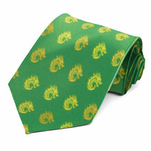 Load image into Gallery viewer, A green tie with a gold and yellow scattered dragon pattern