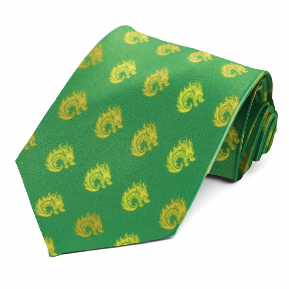 A green tie with a gold and yellow scattered dragon pattern