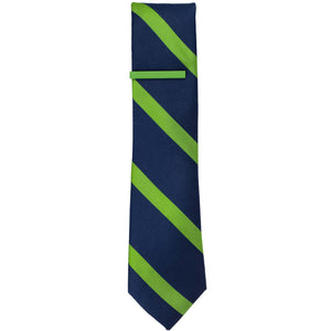 A solid green tie bar on a grass green and navy striped tie