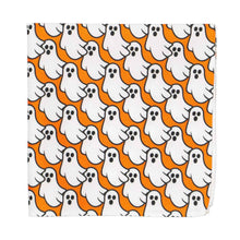 Load image into Gallery viewer, Pocket square of white ghosts on an orange background