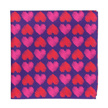 Load image into Gallery viewer, Patterned pocket square with red and pink hearts on a purple background