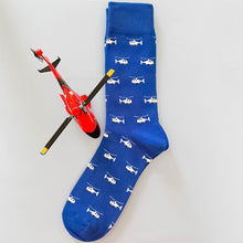 Load image into Gallery viewer, A blue and white helicopter sock pictured with a red toy helicopter